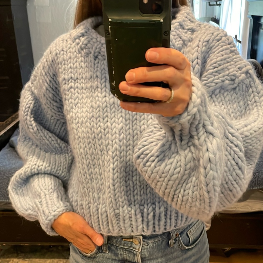 Free people style Hand knit boho chunky crop baby blue sweater with long sleeves